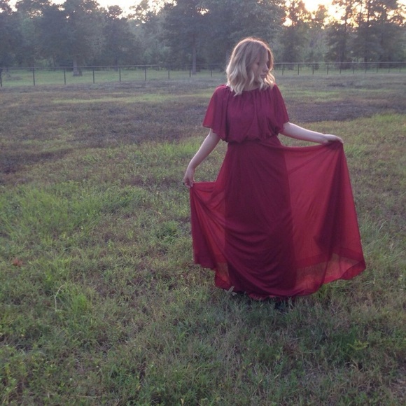 Vintage 70s Burgundy Maxi Dress - Picture 2 of 7